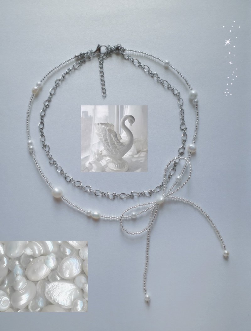 銀色舞伶 珍珠蝴蝶結雙層項鍊 不鏽鋼 - 項鍊 - 珍珠 透明