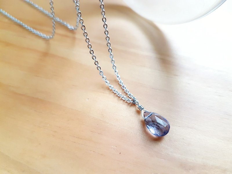 【Hand Made】steel chain with natural stones - Iolite - Necklaces - Semi-Precious Stones Purple