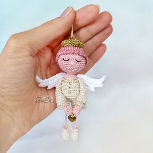 WithLoveNatalia Guardian Angel boy with heart, Keychain toy, Little crochet Angel, Nursery decor