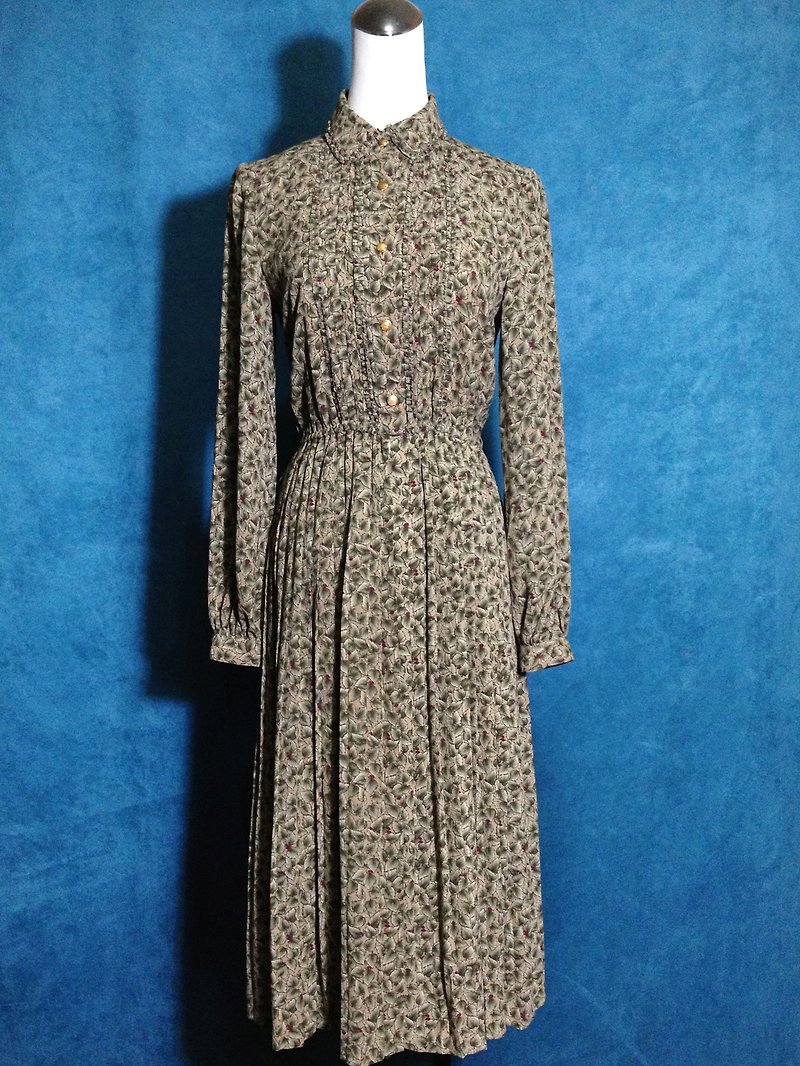 Ping-pong vintage [vintage dress / thick foliage flounced chiffon vintage long dress] abroad back VINTAGE - ชุดเดรส - เส้นใยสังเคราะห์ สีกากี