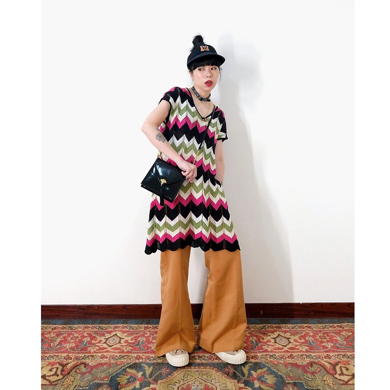 A PRANK DOLLY-Vintage vintage zigzag knitted long dress dress - One Piece Dresses - Cotton & Hemp Multicolor