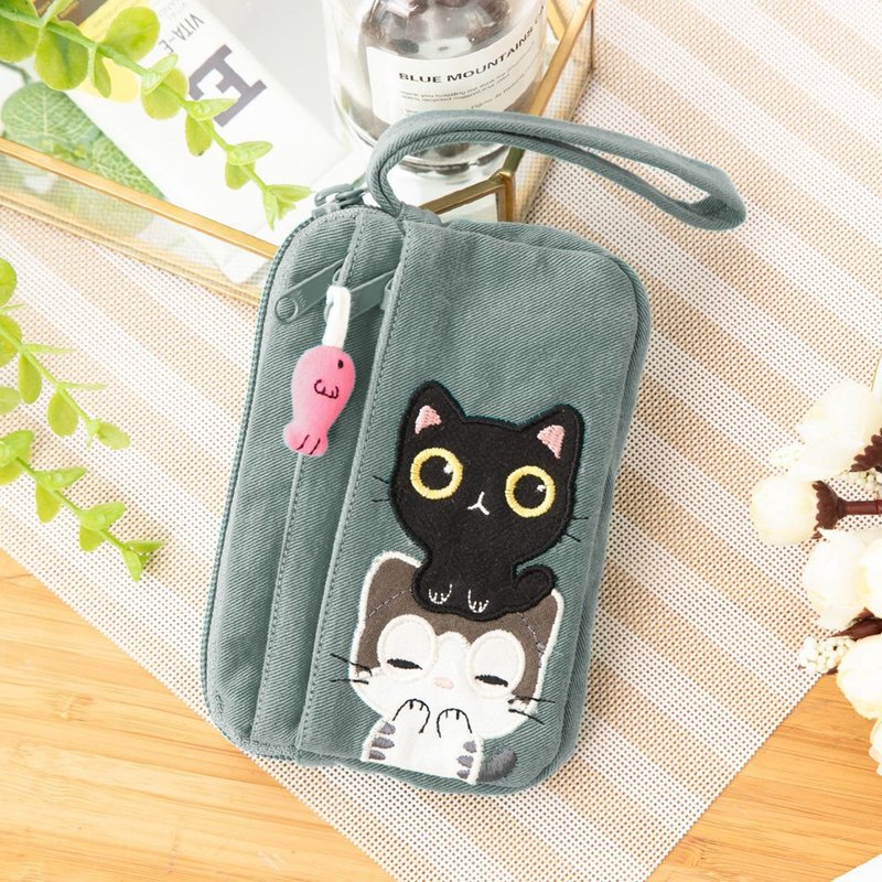 Little black cat three-layer card storage bag / key coin purse【820098】 - กระเป๋าสตางค์ - ผ้าฝ้าย/ผ้าลินิน สีเขียว