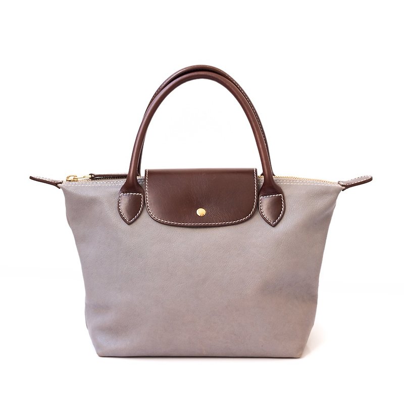 Patina leather handmade custom lift cover zipper handbag - กระเป๋าถือ - หนังแท้ สีเทา