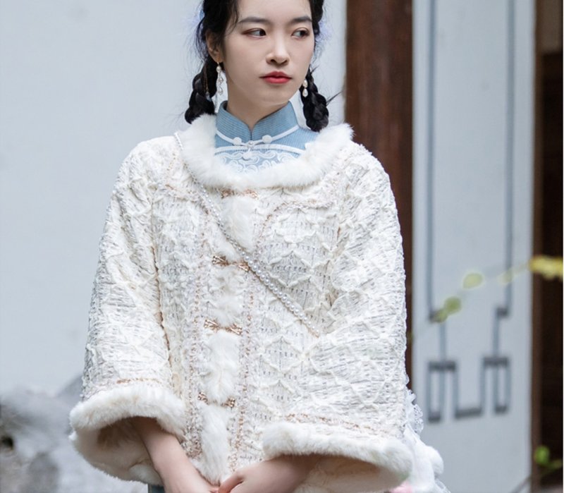 Mengli's new Chinese original design Chanel style cheongsam outerwear warm top - เสื้อผู้หญิง - วัสดุอื่นๆ ขาว