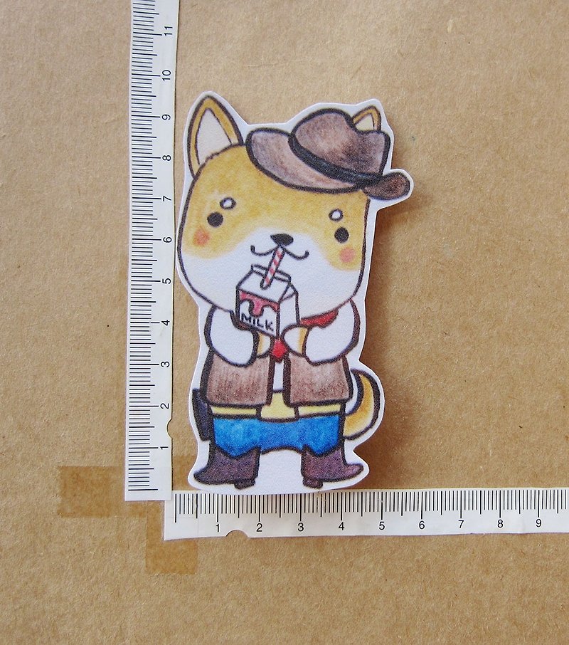 Hand drawn illustration style completely waterproof sticker yellow Shiba Inu cowboy drinking milk - Stickers - Waterproof Material Khaki