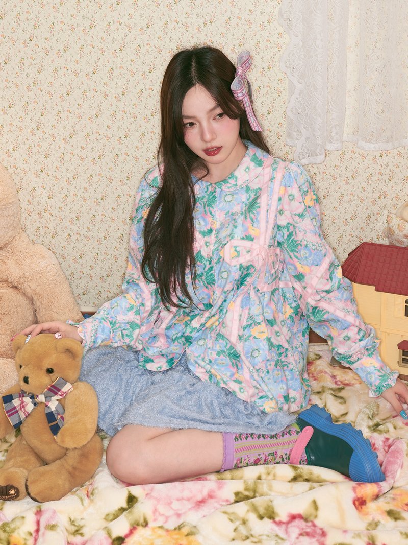 碎花絲帶蝴蝶結襯衫長袖復古氣質設計感秋季 - 女襯衫 - 其他材質 多色