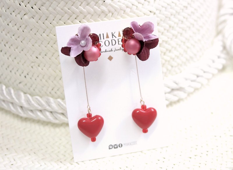 Hand-beaded red series floral love pearl earrings/ Clip-On - Earrings & Clip-ons - Plants & Flowers Red