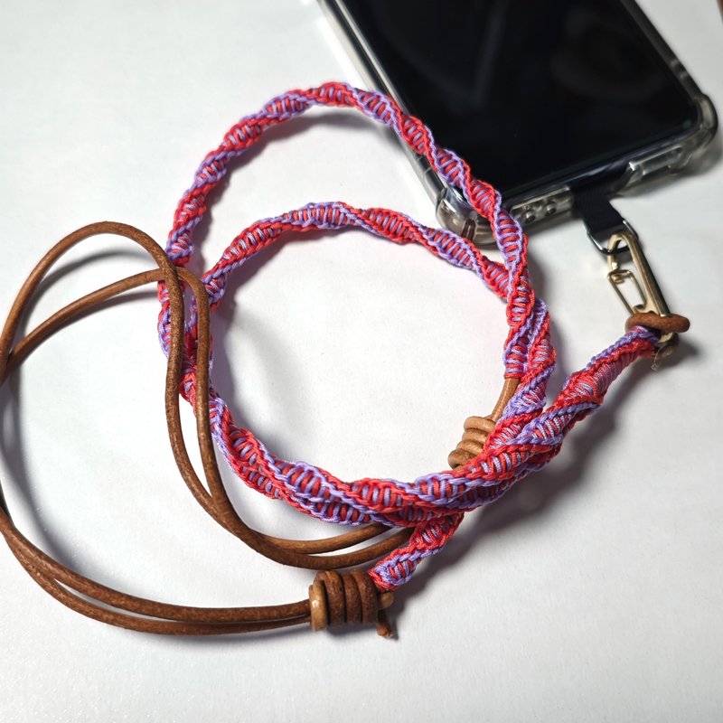 pink orange with L.purple mobile rope, adjustable neck/rope dual-use-4 - เชือก/สายคล้อง - หนังแท้ สีเขียว