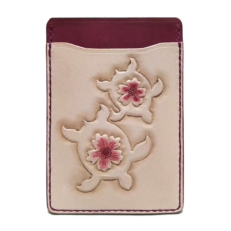 marie / Marie Genuine leather leather pass case / turtle / regular insert / hand dyed / carving - ที่ใส่บัตรคล้องคอ - หนังแท้ สีแดง