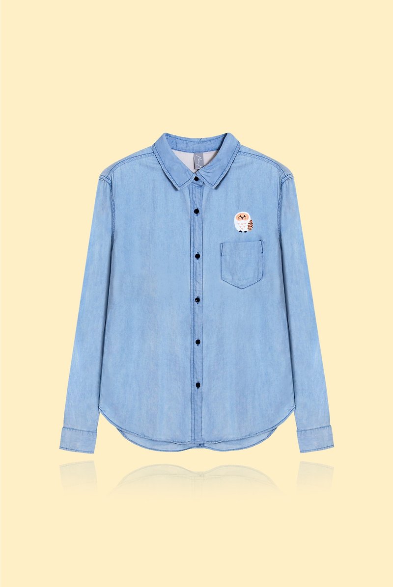 The last thing [] pockmarked face owl / early spring denim shirt - Men's Shirts - Cotton & Hemp Blue