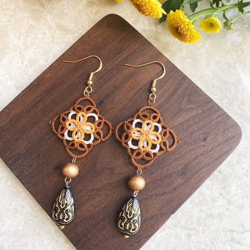 民族風手編耳環 - 耳環/耳夾/耳骨夾 - 棉．麻 咖啡色