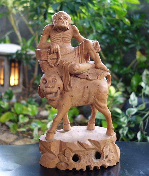山奇藝術 黃楊木雕刻 笑獅羅漢 全手工 1kg 擺件 羅弗多尊者 金剛子 古玩
