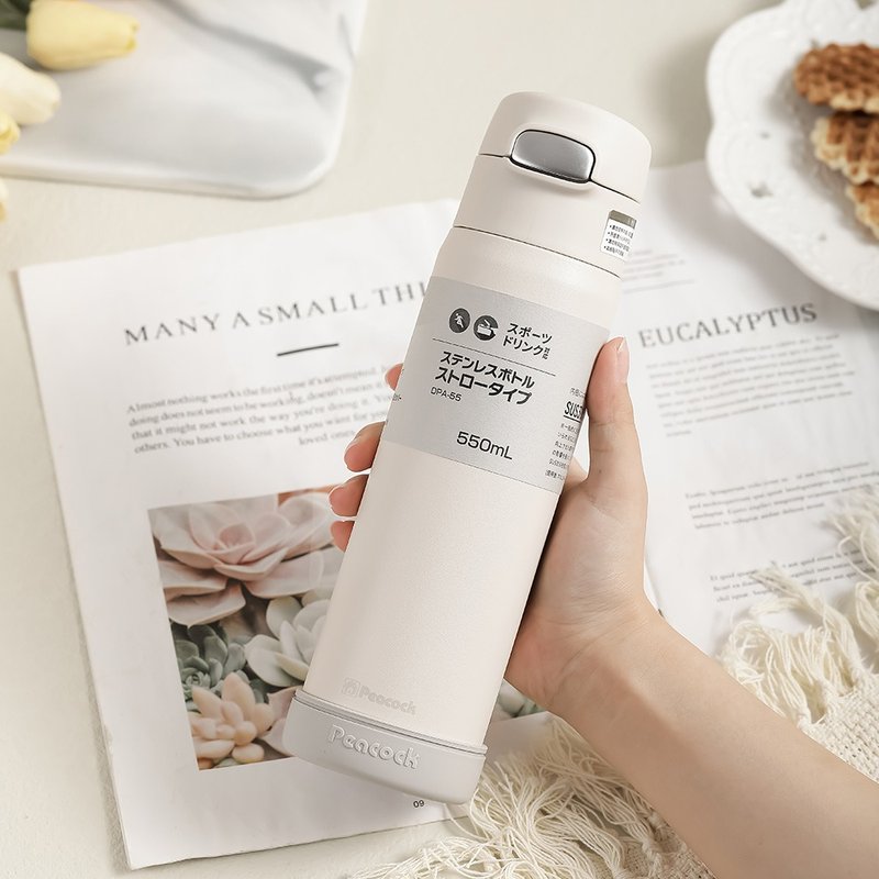 【Peacock】Morandi 550ML Cold Cup / Thermos Cup with One-key Pop-up Straw Type-White - กระบอกน้ำร้อน - สแตนเลส ขาว