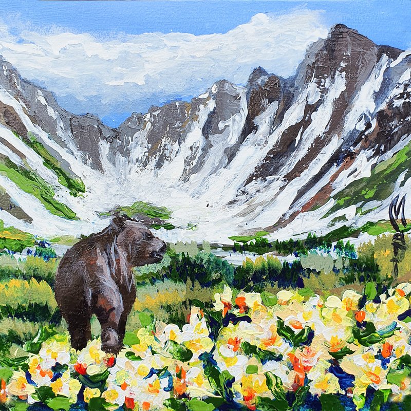 Bear Painting Kamchatka Snow Mountains Original Art Landscape Wall Art Animal - โปสเตอร์ - วัสดุอื่นๆ หลากหลายสี