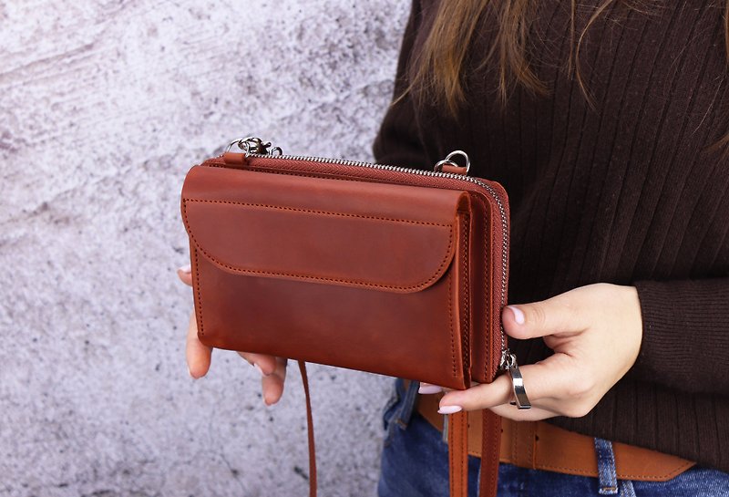Small Leather Crossbody Bag Wallet/ Womens Shoulder Purse/ Phone Bag with Zipper - 側背包/斜孭袋 - 真皮 咖啡色