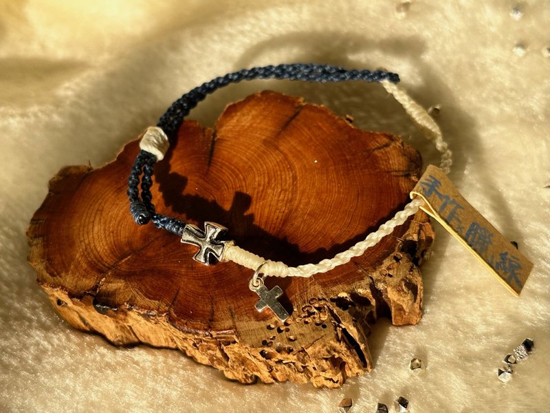 S925 Cross blue pewter thread bracelet - สร้อยข้อมือ - เงินแท้ สีน้ำเงิน