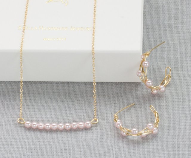 14kgf Cherry Blossom Color Swarovski Pearl Twist Pierce & Necklace