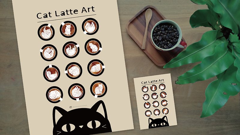 貓咪咖啡拉花海報 Cat Latte Art - 卡片/明信片 - 紙 