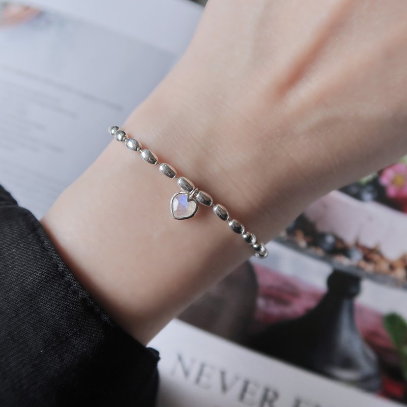 925 sterling silver love moonstone oval bead thick chain customized engraving bracelet free gift packaging - สร้อยข้อมือ - เงินแท้ สีเทา