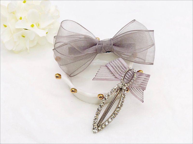 Lovely Chiffon Ribbon Bow Hair Clip with Rhinestones Hair Clip Set  - Hair Accessories - Other Materials Gray