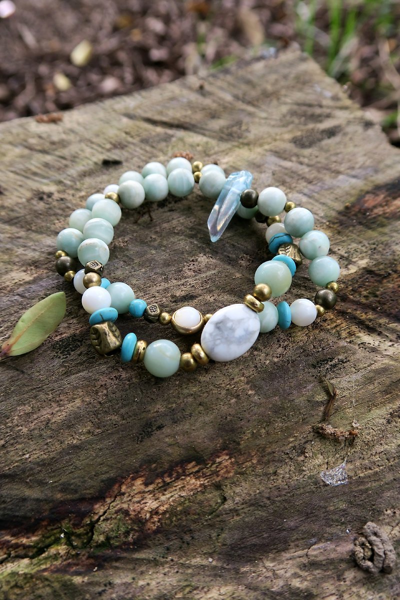 [Spirituality] small hand material Tianhe stone / turquoise / white turquoise / (white crystal) ore column / natural stone / brass beads • double ring bracelet neutral men and women gifts - Bracelets - Gemstone Green