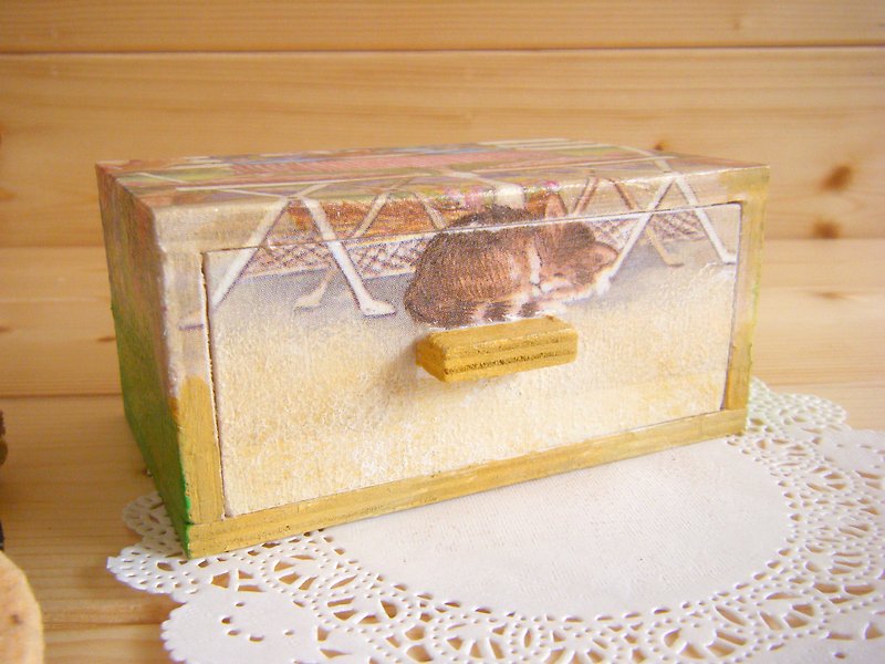 貓兒野餐時光收納盒/小抽屜盒/貓鬍鬚盒 - 收納箱/收納用品 - 木頭 多色