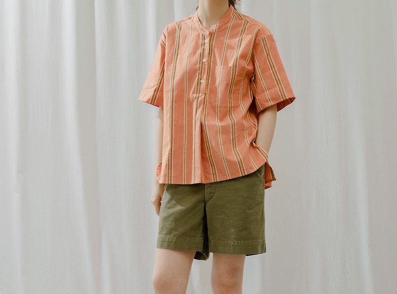 British Girl Henley Collar Color Striped Cotton Short Sleeve Shirt - เสื้อผู้หญิง - ผ้าฝ้าย/ผ้าลินิน สีส้ม
