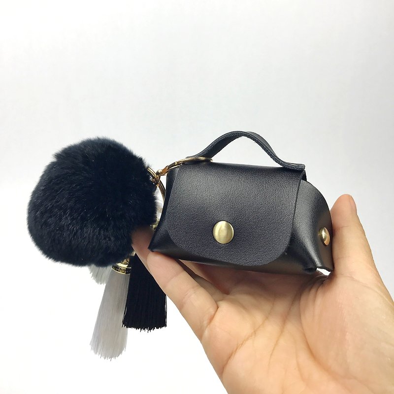 Zemoneni leather coin purse with black or silver grey fluffy ball - Toiletry Bags & Pouches - Genuine Leather Black
