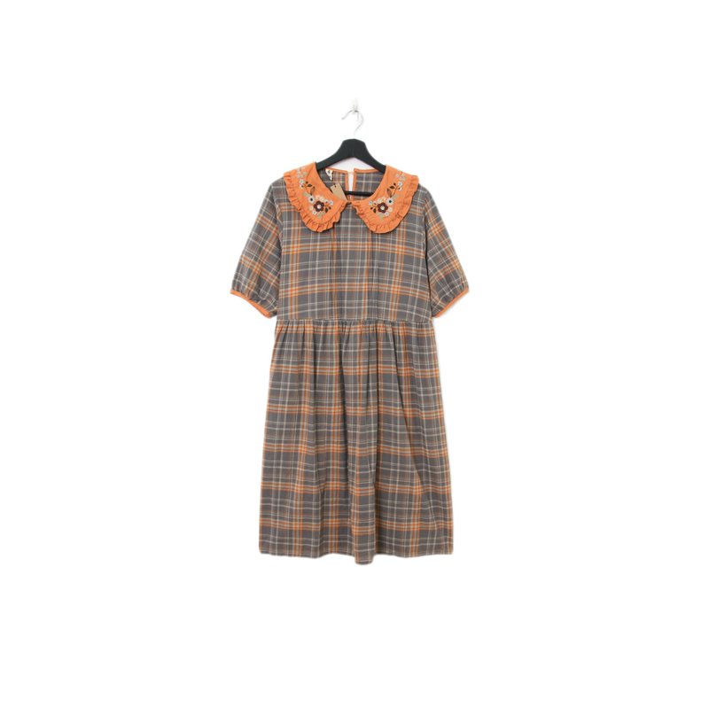Back to Green-復古長洋裝 灰橘格紋 荷葉領Ls-30//vintage dress - 洋裝/連身裙 - 棉．麻 