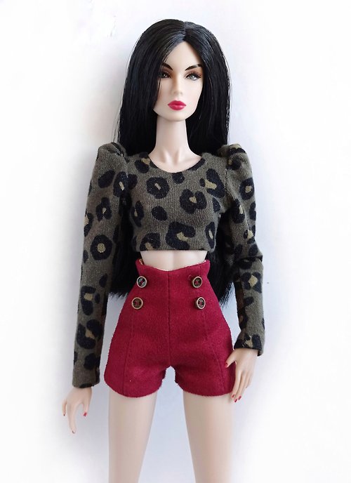 La-la-lamb La-la-lamb Short jersey top leopard print for Fashion Royalty FR2 12 inch dolls