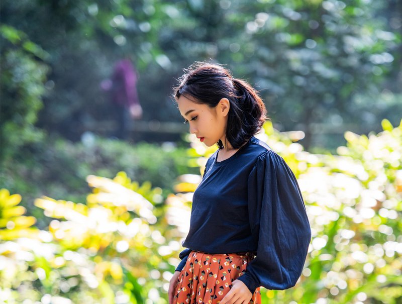 存在主義 長袖上衣Puff Sleeve Tee - 女上衣/長袖上衣 - 棉．麻 藍色
