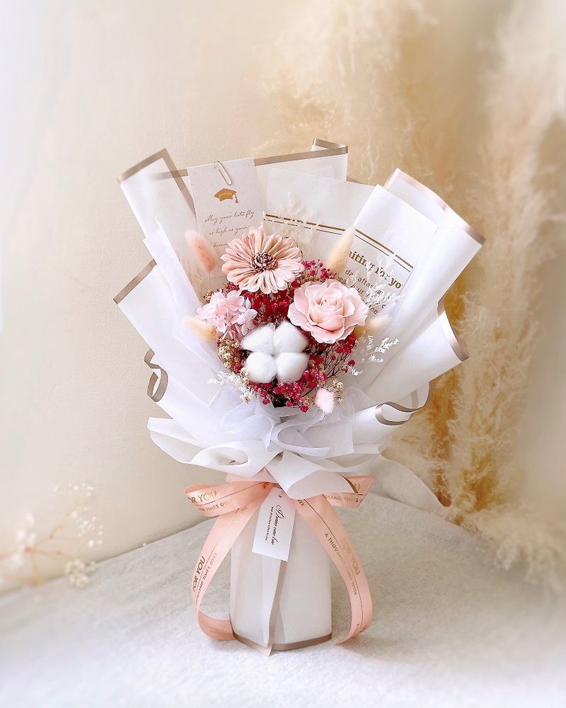 ひまわりの花束-スイートハート ピンク l 白いウィンドウバッグと乾いた赤ちゃんの息の卒業ブーケが付属します - ドライフラワー・ブーケ - 寄せ植え・花 ピンク