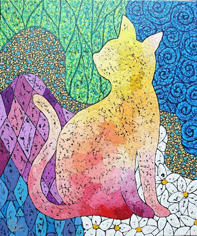 Original Animal Painting, Cat Painting－Share Your Love With BoBo Cat - Posters - Cotton & Hemp Multicolor