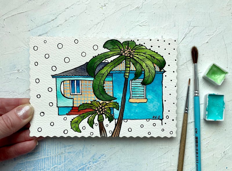 Hawaii painting Palm Mini art Original artwork Small wall art Miniature - โปสเตอร์ - กระดาษ หลากหลายสี
