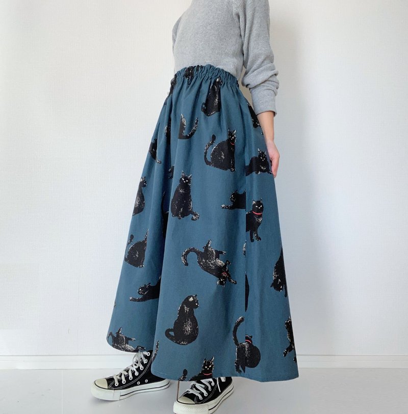 blackcats　long skirt　cotton linen　blue - กระโปรง - ผ้าฝ้าย/ผ้าลินิน สีน้ำเงิน