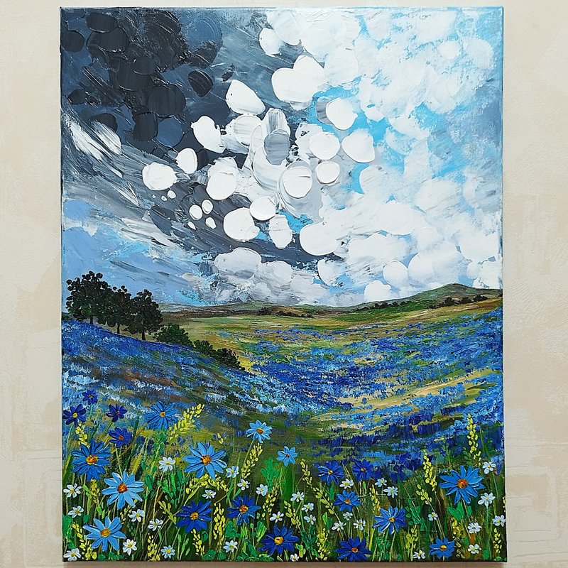 Textured Painting Landscape Blue Wildflowers Art Acrylic Artwork Wall Decoration - 壁貼/牆壁裝飾 - 壓克力 多色