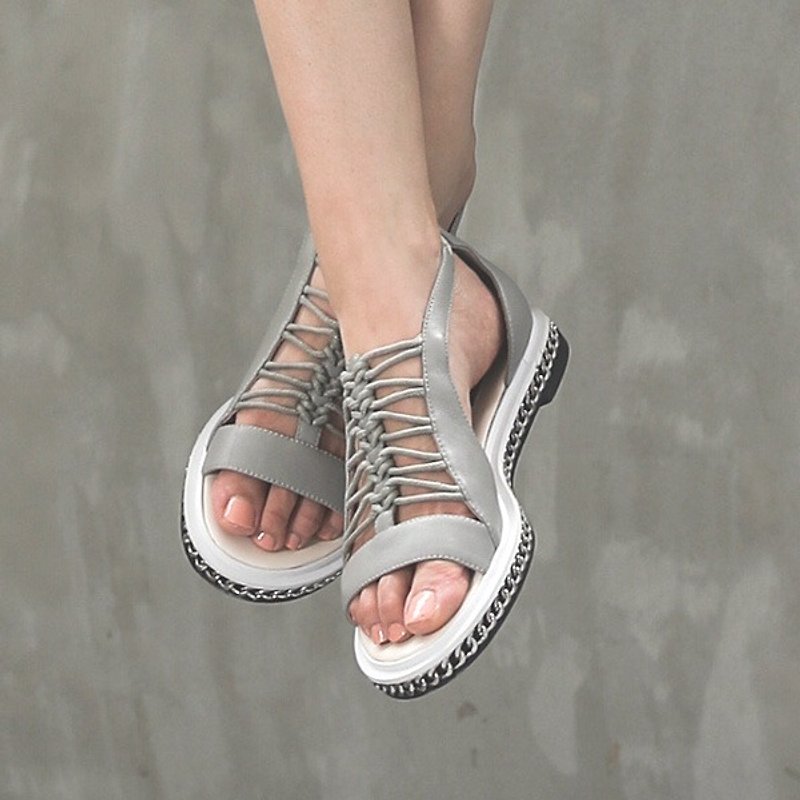 [Show products clear] summer string weaving side hollow chain leather sandals gray - Sandals - Genuine Leather Gray