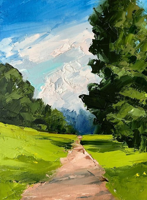 OsipovArtStudio Original Green Field Painting Road Landscape Oil Painting On Canvas Impasto Art