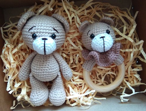 Favorite Toys Baby box, crochet toy bear, rattle bear, Stuffed toy bear