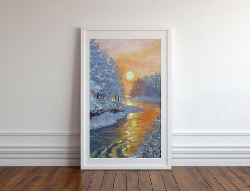 Original oil painting winter river sunset scene, winter landscape, winter sun - 牆貼/牆身裝飾 - 其他材質 多色