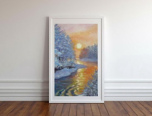 DCS-Art Original oil painting winter river sunset scene, winter landscape, winter sun