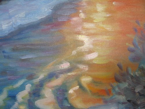 オリジナルの油絵冬の川の夕日の風景、冬の風景、冬の太陽