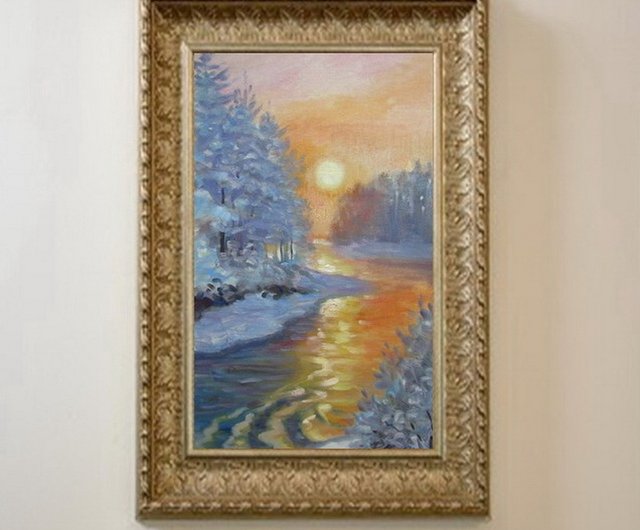 オリジナルの油絵冬の川の夕日の風景、冬の風景、冬の太陽