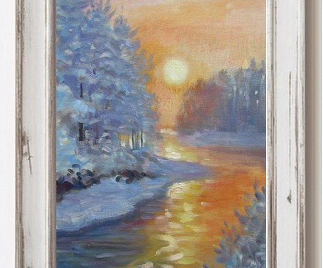 オリジナルの油絵冬の川の夕日の風景、冬の風景、冬の太陽