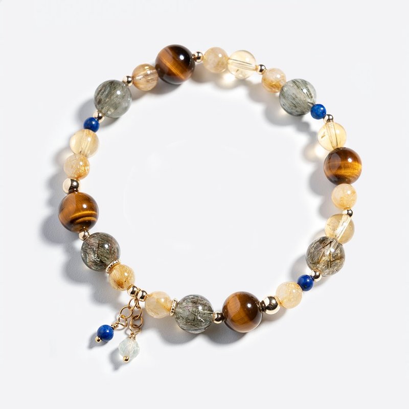 綠髮碧璽金髮晶虎眼石黃水晶14k包金 水晶手鍊 | 事業財運 招財 - 手鍊/手環 - 水晶 金色