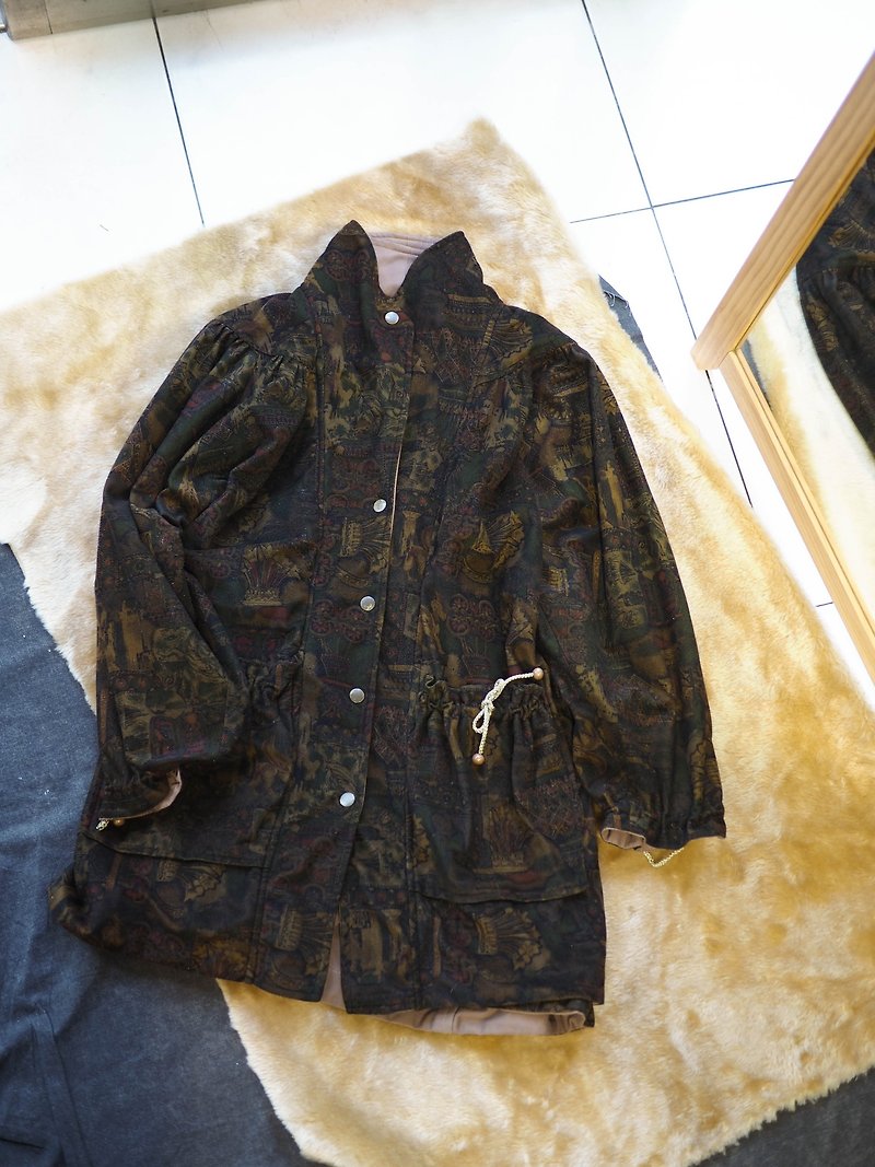 Khaki x Tengbu double-sided wearing court sleeves antique suede drawstring coat jacket vintage overcoa - เสื้อแจ็คเก็ต - เส้นใยสังเคราะห์ หลากหลายสี