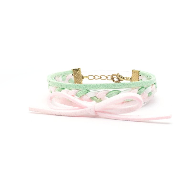 Handmade Double Braided Stylish Bracelets Rose Gold Series–mint green with pink - สร้อยข้อมือ - วัสดุอื่นๆ สีเขียว