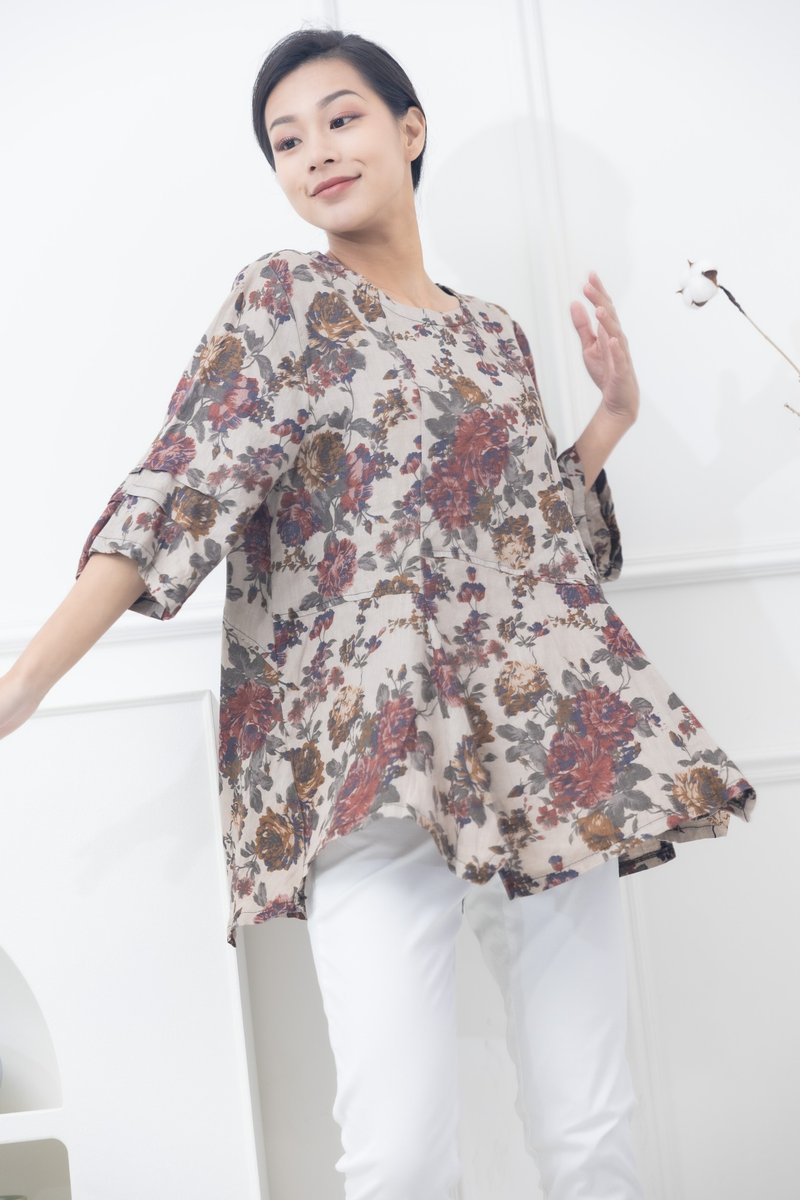 Orange dark floral hem irregular long-sleeved top Khaki - Women's Tops - Other Materials Khaki