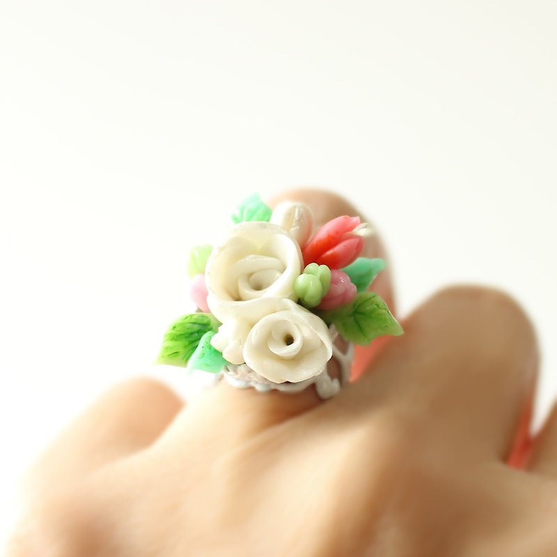 Finger Garden - White Rose handmade ring - General Rings - Pottery White