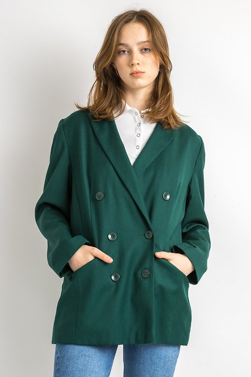 MoodShopGirls 100% Pure Wool - Women's Relaxed Fit Double Breasted Deep Green Blazer 5887